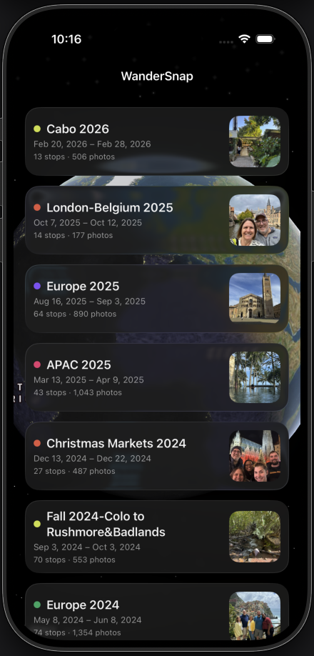 WanderSnap on iPhone, showing your curated trips list